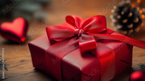 Wallpaper Mural Red ribbon gift box, festive present wrapping, romantic heart element, pinecone decoration, Christmas, Valentine, birthday celebration concept Torontodigital.ca