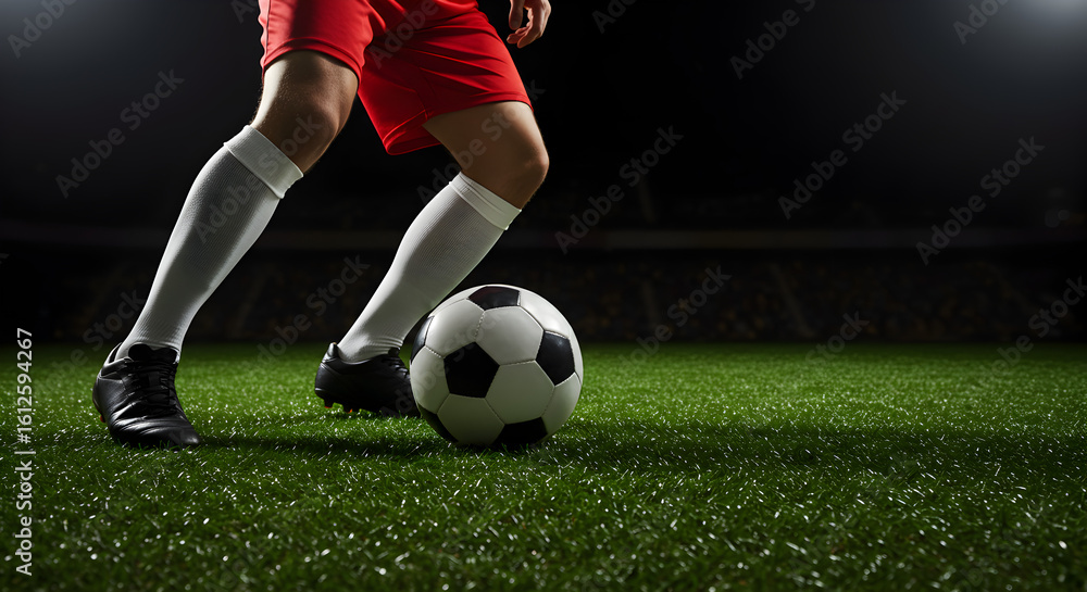 Fototapeta premium Soccer Player Dribbling Ball on Green Field in Red Shorts White Socks and Black Shoes at Stadium During Training