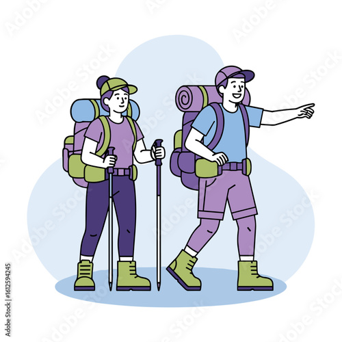 Young couple with backpacks and trekking poles hiking on a trail, adventure concept.