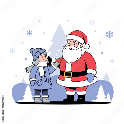 A friendly Santa Claus character with a young child in a snowy winter landscape