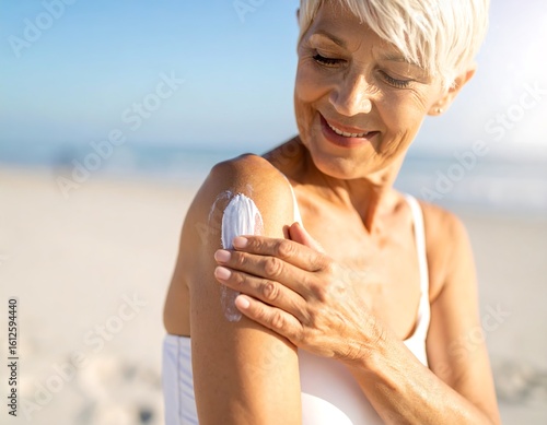Smiling senior woman applying sunscreen to her shoulder at the beach