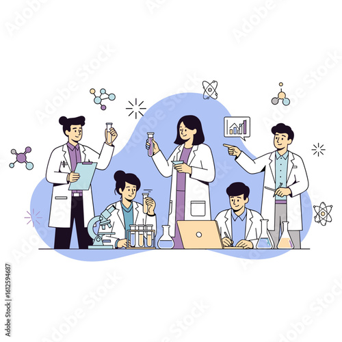 Collaborative scientific team in a modern laboratory conducting research and experiments.