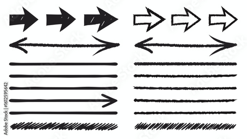 Charcoal pencil curly lines Collection of hand drawn arrow and line design elements set