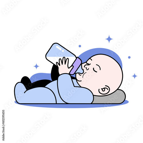 Calm baby drinking from a milk bottle in a flat design style. Newborn childcare vector.