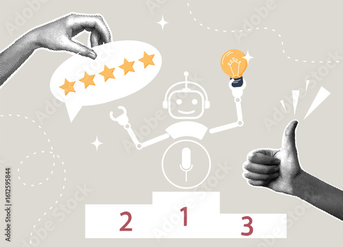 Trendy halftone collage. Chatbot with artificial intelligence, working together with AI. The AI concept offers solutions, AI to replace people in office work, innovations to achieve success.