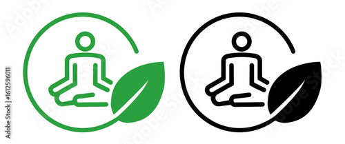Eco mindful meditation icon green emblem of person meditating with leaf symbolizing environmental awareness and holistic well being