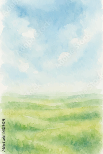watercolor green land and blue sky background