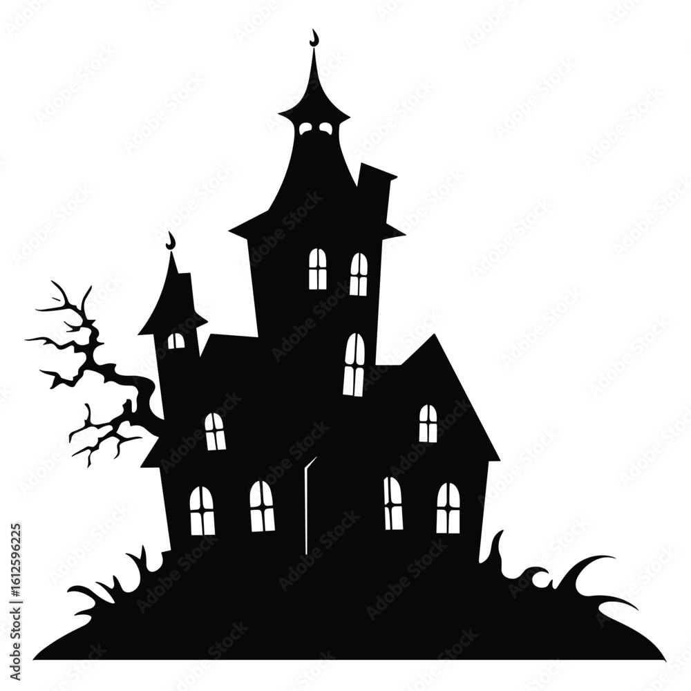 Obraz premium Vector art of spooky haunted house silhouette with a gnarled tree
