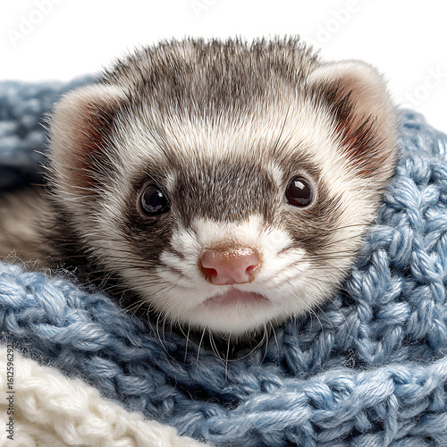 A cute ferret peeks out from a cozy knitted blanket, isolated on white on transparent background