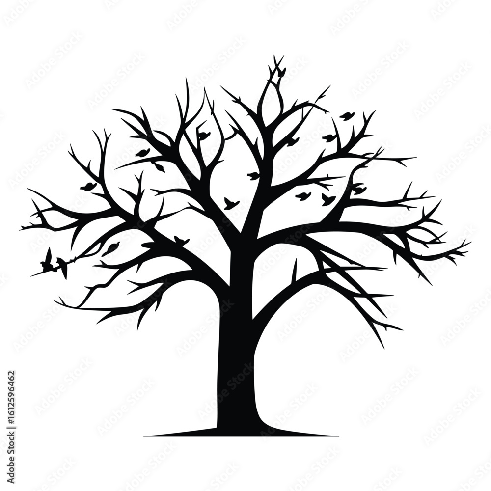 Fototapeta premium Vector art of bare tree silhouette with birds flying on white background