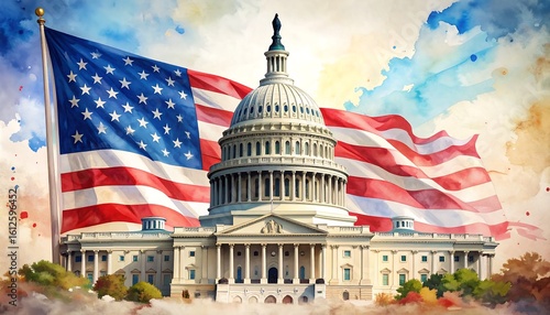 United States Capitol Building with the American Flag Watercolor Illustration
