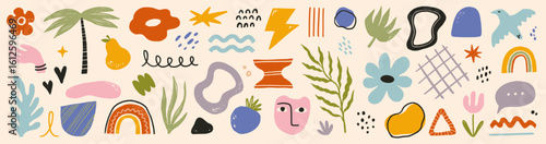 Shape abstract vector graphic icon set. Abstract graphic summer modern art element, flower doodle, geometric collage background. Trendy crayon scribble pastel texture. Vector illustration