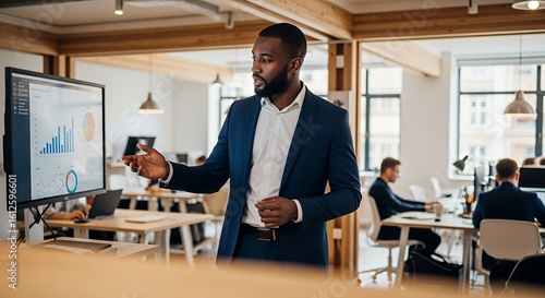 A confident businessman presents financial data on a large monitor to his team in a modern, open-plan .