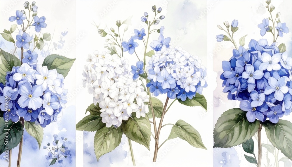 Fototapeta premium Watercolor floral elements for elegant designs featuring hydrangea, roses, and eucalyptus greenery