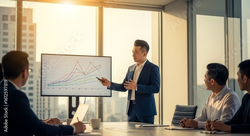 A confident businessman presents financial data and growth charts to his attentive team during a strategic meeting in a modern .