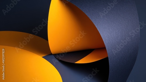 Abstract composition with curved paper shapes in contrasting dark blue and bright orange hues. Forms overlap, creating a sense of depth and movement, with subtle shadows defining each layer