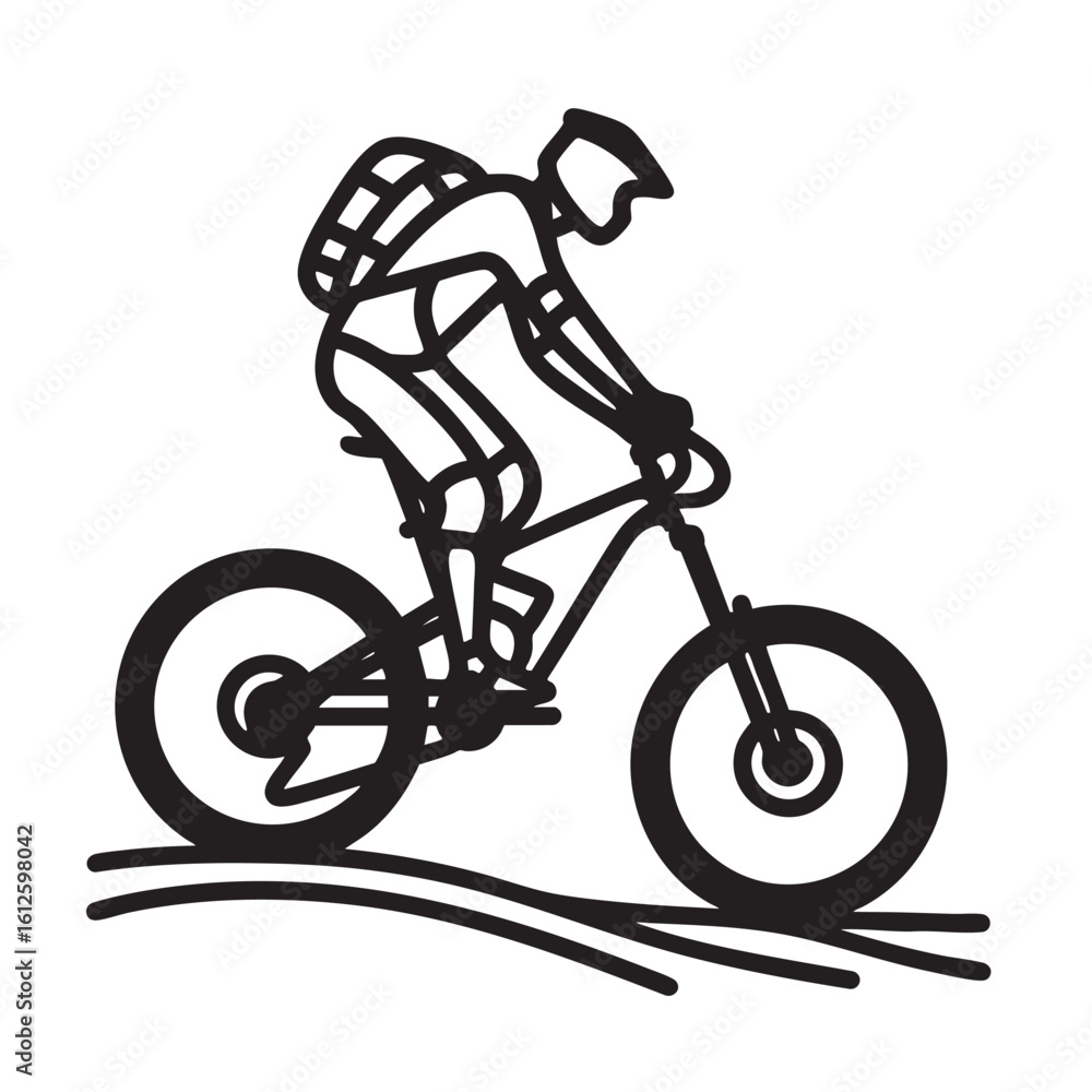 Naklejka premium cyclist riding mountain bike, isolated line art illustration