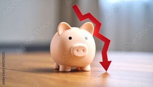 a Sad piggy bank and arrow down. Difficult economic situation. Expenditure of savings