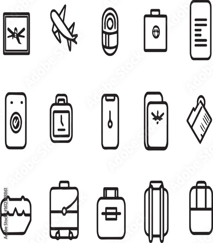 A set of travel icons including luggage, airplane, passport, and other travel related items
