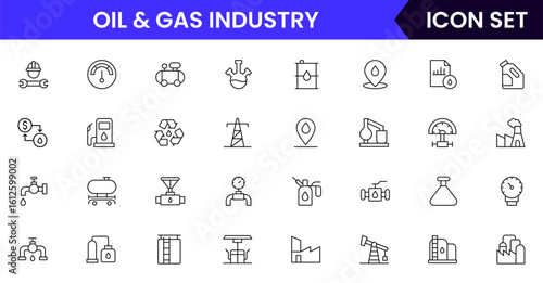 Oil and gas  industry vector line icons featuring drilling rigs, pipelines, fuel tanks, refineries, pumps, energy resources, barrels, and extraction equipment.