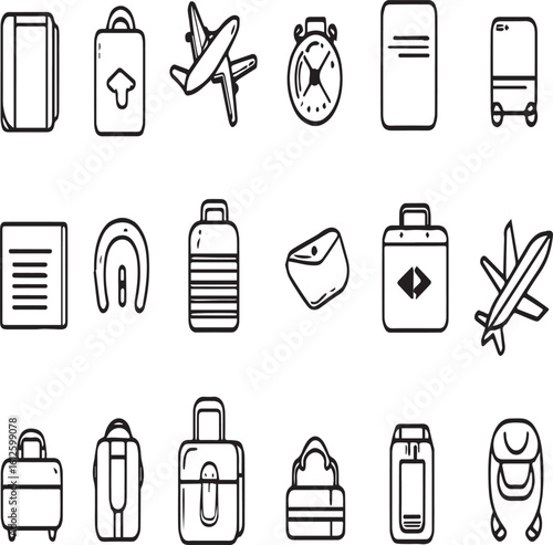 Line art icons depicting travel related items such as luggage, airplane, and travel accessories