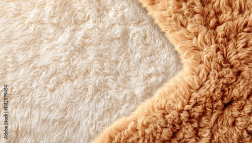 Close-up of two textured fabric swatches, one white/cream and the other light brown/tan, separated diagonally creating a visual divide between the contrasting tones and material piles