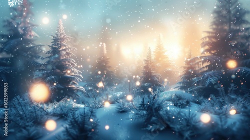 Snowy Forest Winter Landscape with Fir Trees and Glowing Lights at Sunset