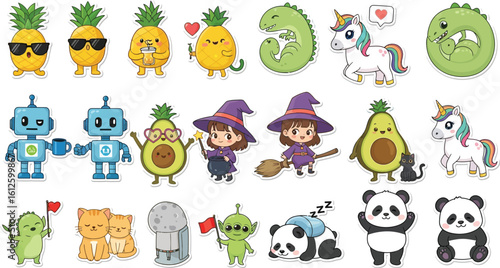 Cute stickers vector set kawaii animals fruits fantasy characters for kids design and print