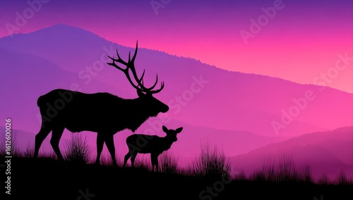 Elk silhouette with calf against vibrant sunset backdrop with layered purple mountains, grassy foreground
