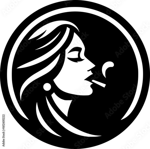Minimalist black and white icon of a woman smoking with clean lines, no shading, ideal for stickers, logos, or digital use in modern geometric style.