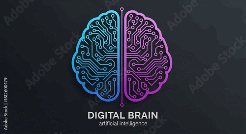 Futuristic concept of a digital brain representing artificial intelligence, with glowing circuit board hemispheres symbolizing technology and innovation.
