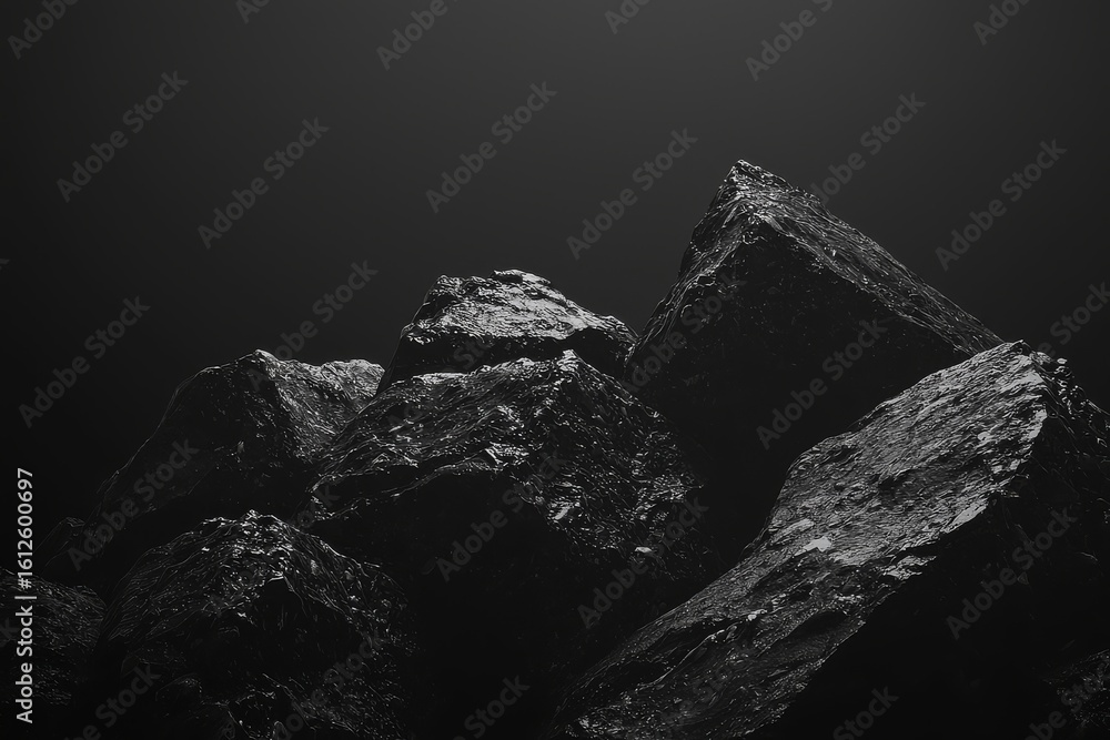 Naklejka premium Black-and-white photorealistic rocks with sea level in background, dramatic high contrast lighting and volumetric cinematic atmosphere, minimalistic dark style
