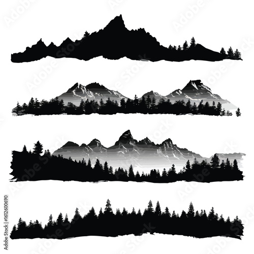 cascade mountain range silhouette set, Black & White silhouette set