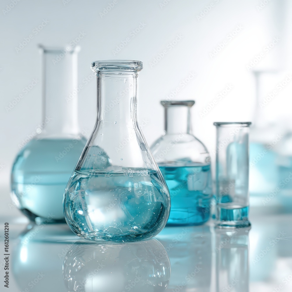 Scientific Laboratory Glassware with Blue Liquid in Transparent Beakers and Flasks Scientific Laboratory Glassware with Blue Liquid in Transparent Beakers and Flasks