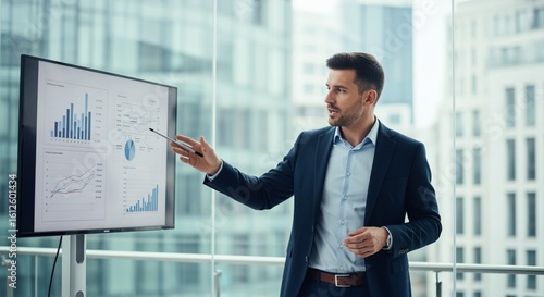 Confident businessman presents financial data on a large screen during a corporate presentation in a modern .