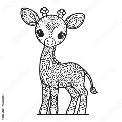 cute baby giraffe with mandala pattern isolated
