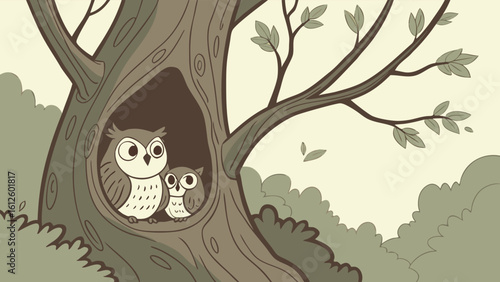 A pair of owls nesting inside a hollow tree in a quiet forest, AI generative illustration