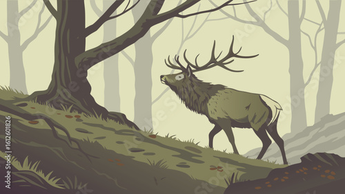 A majestic stag with large antlers standing proudly in a misty foggy forest, AI generative illustration