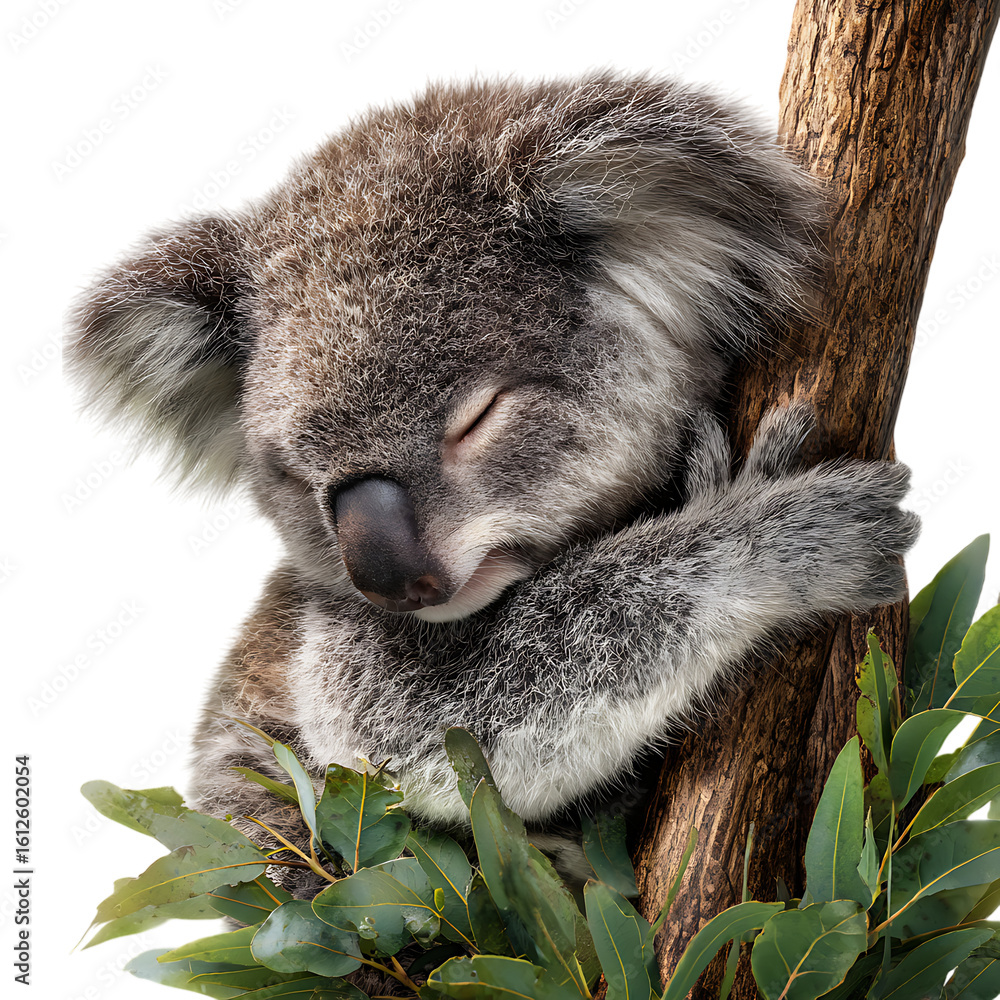 Obraz premium A sleepy koala clings to a tree branch surrounded by green eucalyptus leaves on transparent background