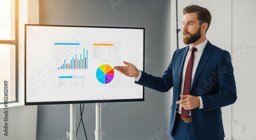 A confident businessman presents financial data and market analysis on a large display screen during a presentation.