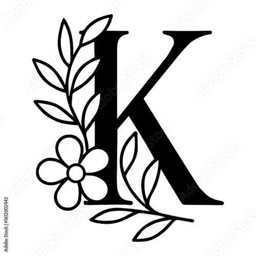 Floral alphabet – Letter K entwined with leaves and blossoms icon with transparent background in black and white style
