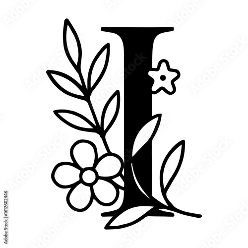 Floral alphabet – Letter I entwined with leaves and blossoms icon with transparent background in black and white style
