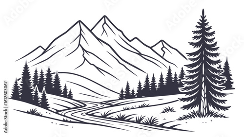 Mountain landscape line art vector illustration with pine trees and river outdoor adventure design 100