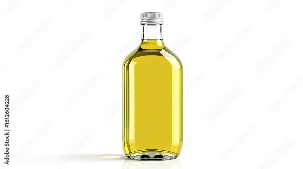 A clear glass bottle filled with yellow liquid and a silver cap on a white background studio shot A clear glass bottle filled with yellow liquid and a silver cap on a white background studio shot