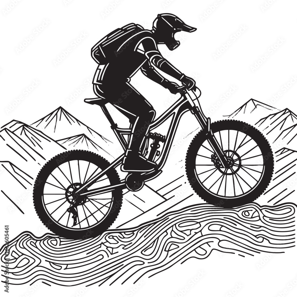 Naklejka premium mountain biker silhouette riding downhill
