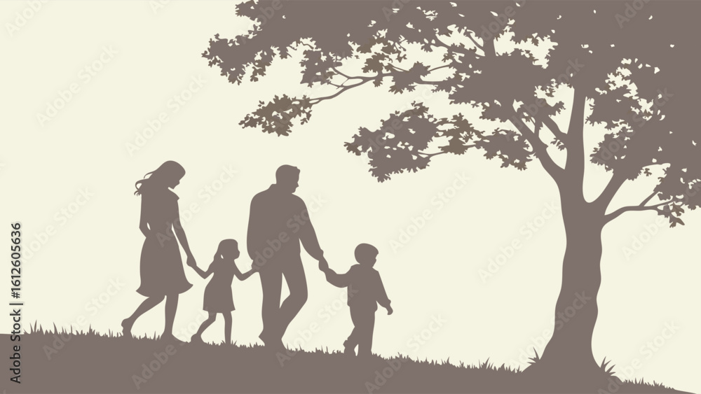 Family Silhouette of Parents Walking Hand in Hand with Children Near a Tree Family Silhouette of Parents Walking Hand in Hand with Children Near a Tree