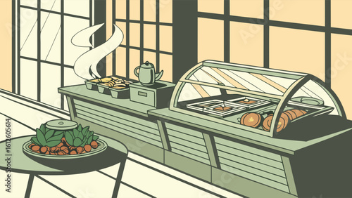 Elegant Buffet Table Featuring Fresh Vegetables and Baked Goods in Bright