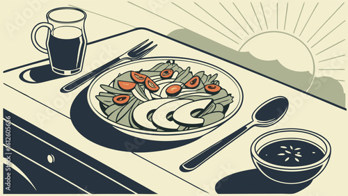 Fresh Salad with Vegetables and Dressing on Table with Sunrise Background