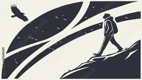 Hiker Walking Along Mountain Trail Under an Eagle Soaring in the Sky