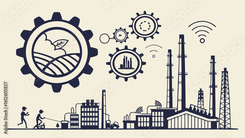 Industrial Innovation and Mechanization Depicting Gears and Factory Elements
